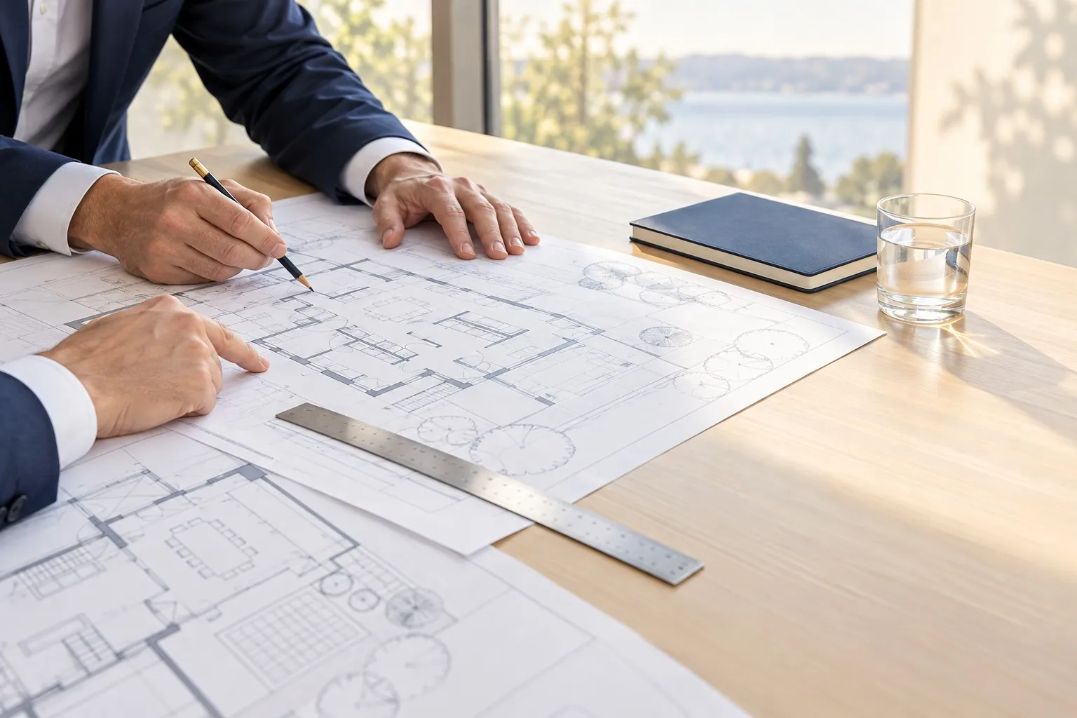 Sur une table en bois clair, des mains en veste bleu marine annotent des plans de bâtiment au crayon, à côté d’une règle, d’un carnet et d’un verre d’eau, devant une baie vitrée ouverte sur la mer.