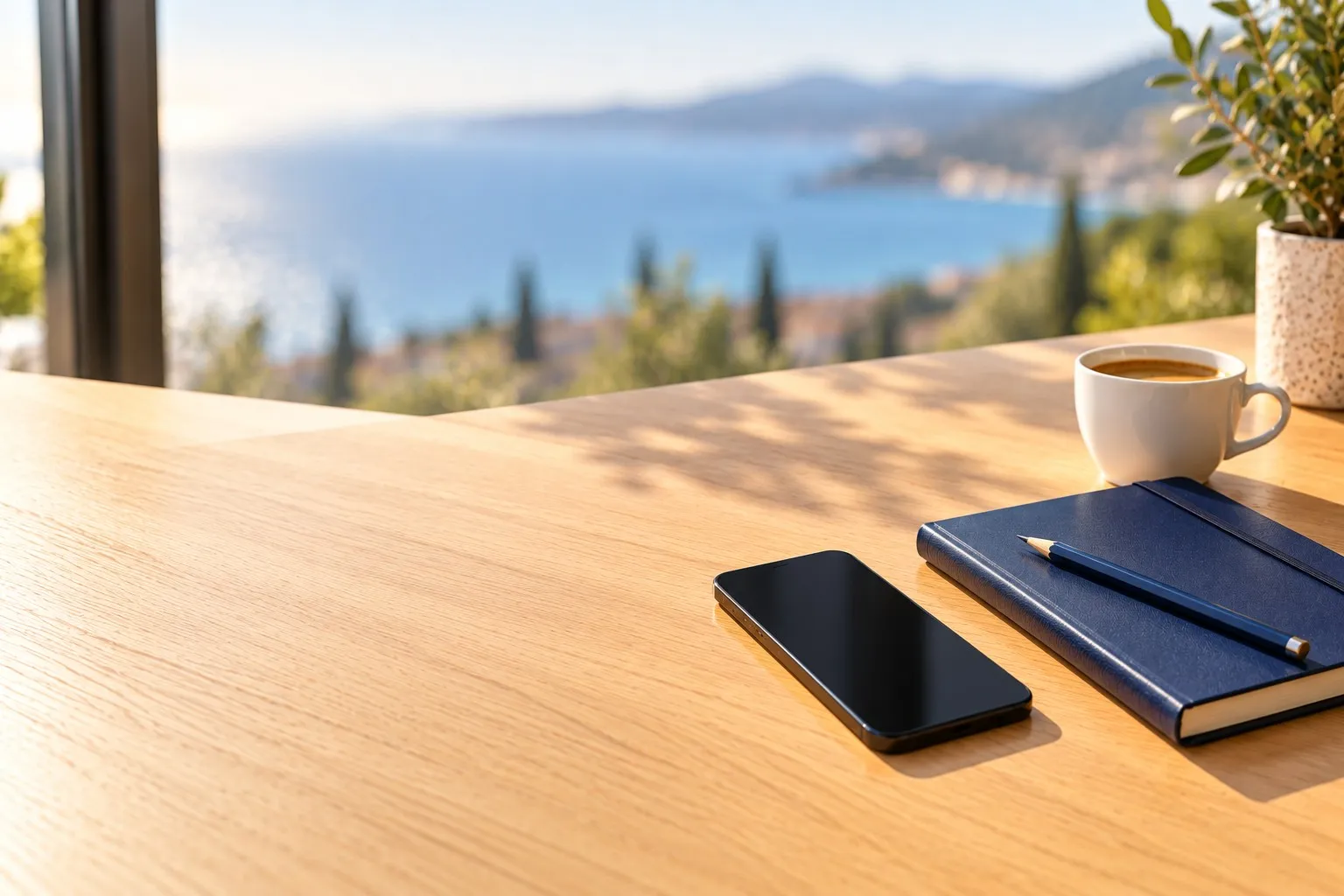 Un bureau en chêne clair baigné de soleil, face à la Méditerranée floue : un téléphone, un carnet bleu marine avec un crayon et une tasse de café.