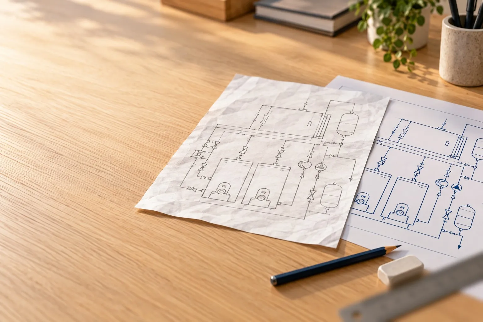 Sur un bureau en chêne clair, un croquis de chaufferie dessiné au crayon sur une feuille froissée, posé sur le même schéma redessiné proprement en traits bleu marine, avec un crayon, une gomme et une règle.