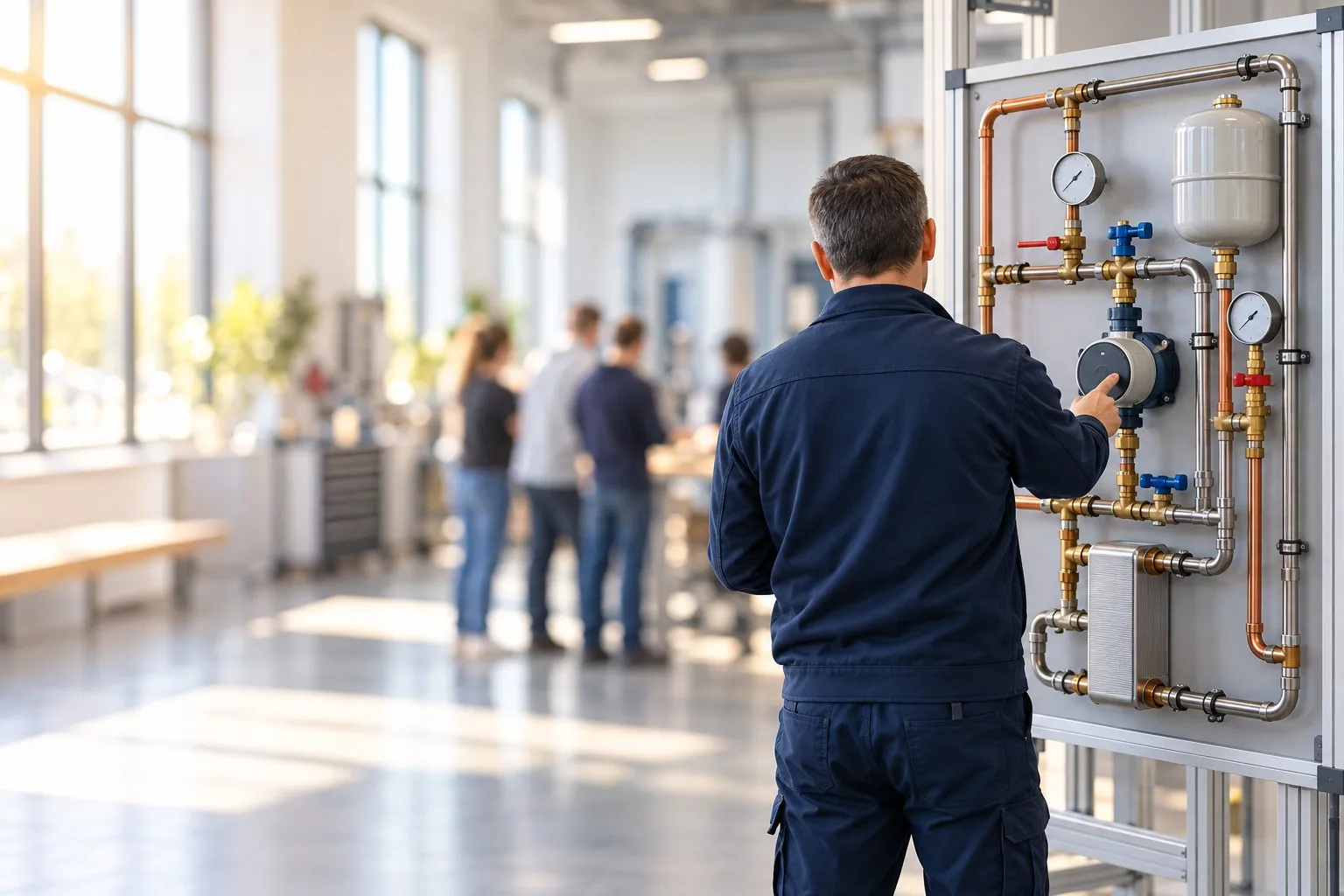 Dans un atelier de formation lumineux, un formateur en tenue bleu marine, vu de dos, montre le circulateur d’un banc de démonstration hydraulique ; un petit groupe de stagiaires, flou, à l’arrière-plan.