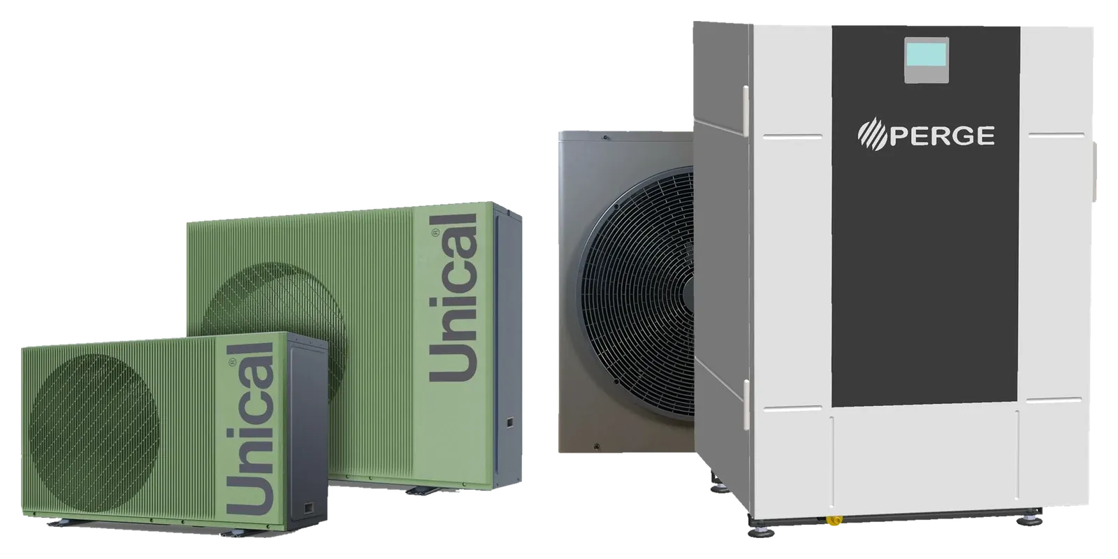 Les deux pompes à chaleur au propane (R290) du guide, côte à côte : UNICAL UHP et PERGE OptiPac MR290 avec son module intérieur.