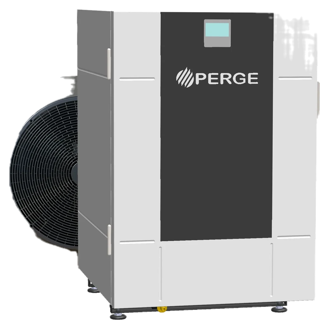 Pompe à chaleur PERGE OptiPac MR290 : module intérieur au sol devant l’unité extérieure