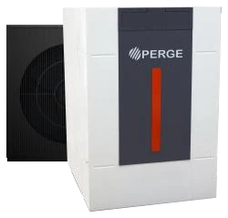 Pompe à chaleur hybride PERGE OptiPac MR290 : module intérieur avec chaudière, devant l’unité extérieure