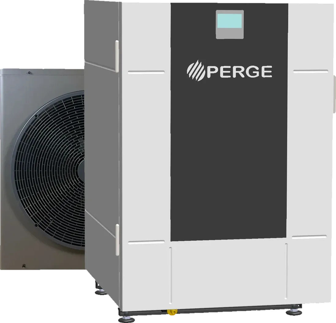 PERGE OptiPac MR290 : unité extérieure au R290 et module intérieur au sol pour le chauffage, avec son écran de régulation