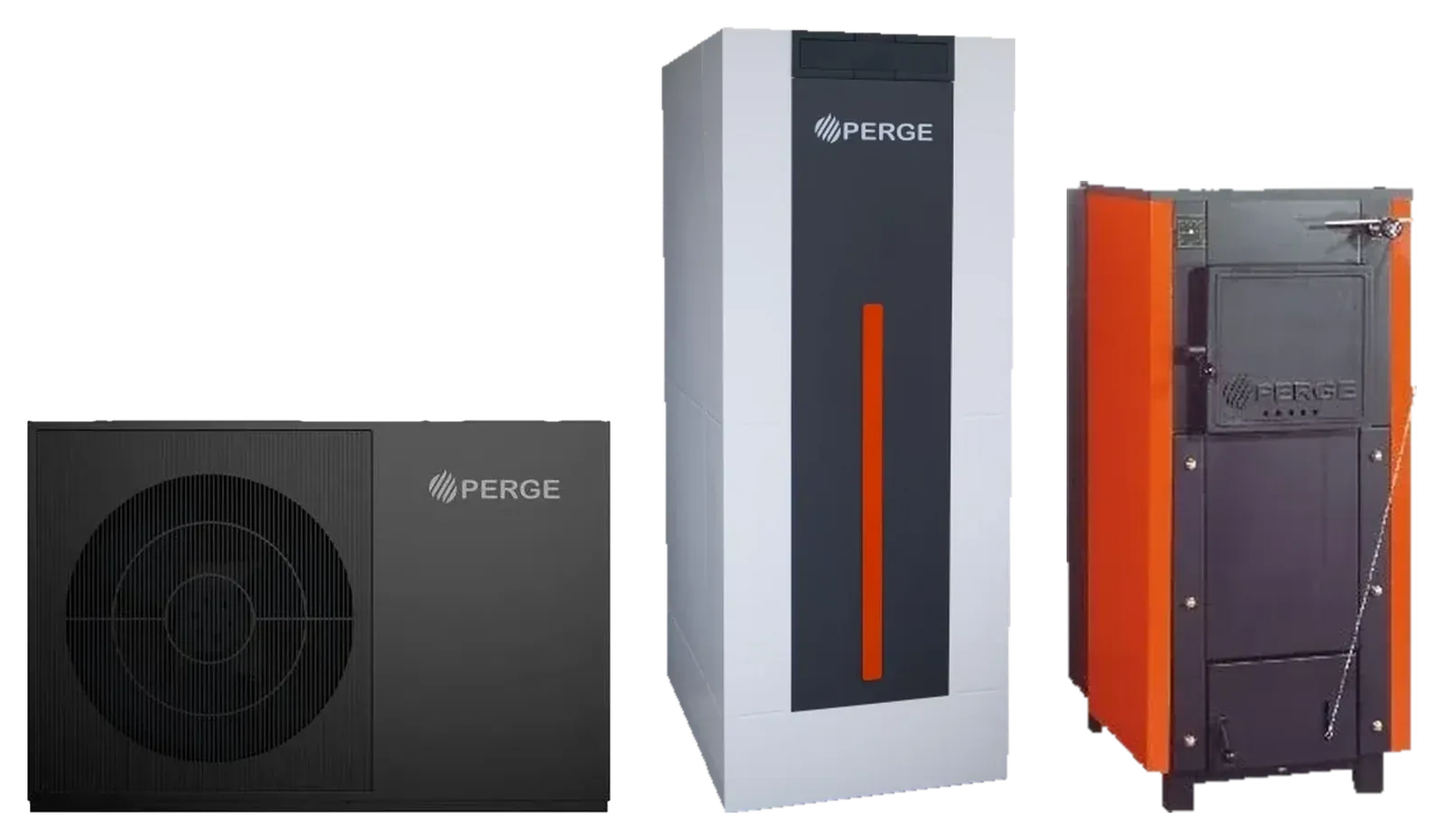 Unité extérieure de la PAC PERGE OptiPac MR290, chaudière à granulés PERGE OptiPellet et chaudière bois PERGE MC Classique, côte à côte