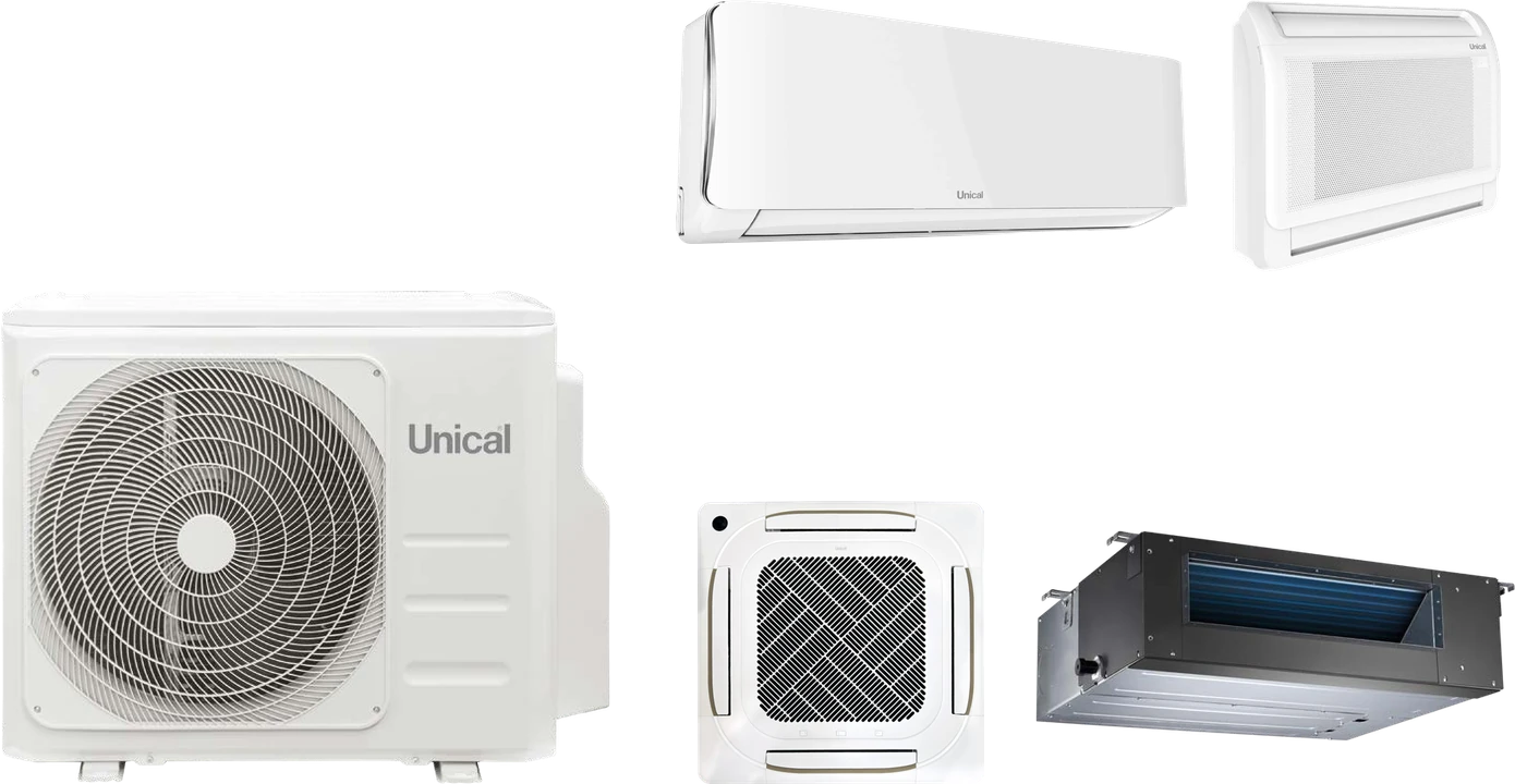 Climatisation UNICAL airMULTI : une unité extérieure et quatre types d’unités intérieures, murale, console, cassette et gainable