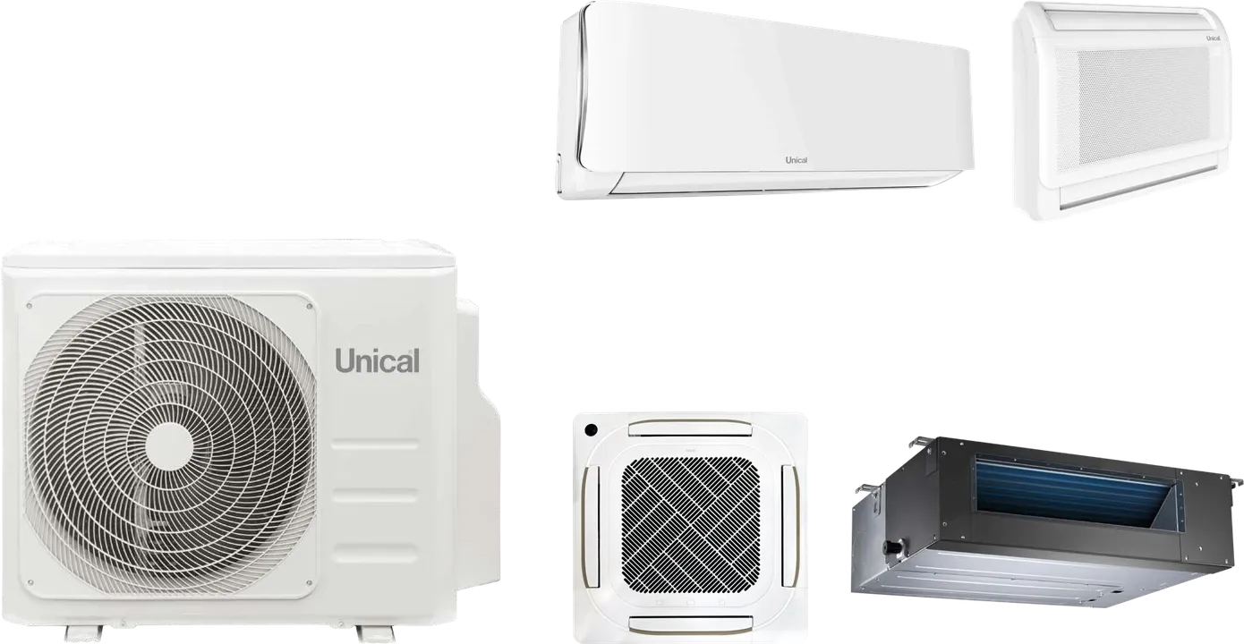 Climatisation UNICAL airMULTI : une unité extérieure et quatre types d’unités intérieures, murale, console, cassette et gainable