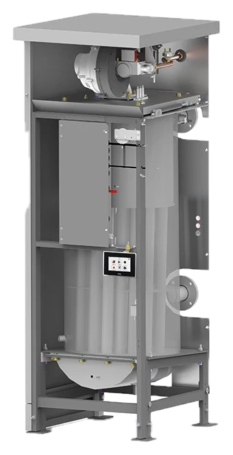 Chaudière inox UNICAL MULTIINOX, habillage ouvert sur le corps de chauffe